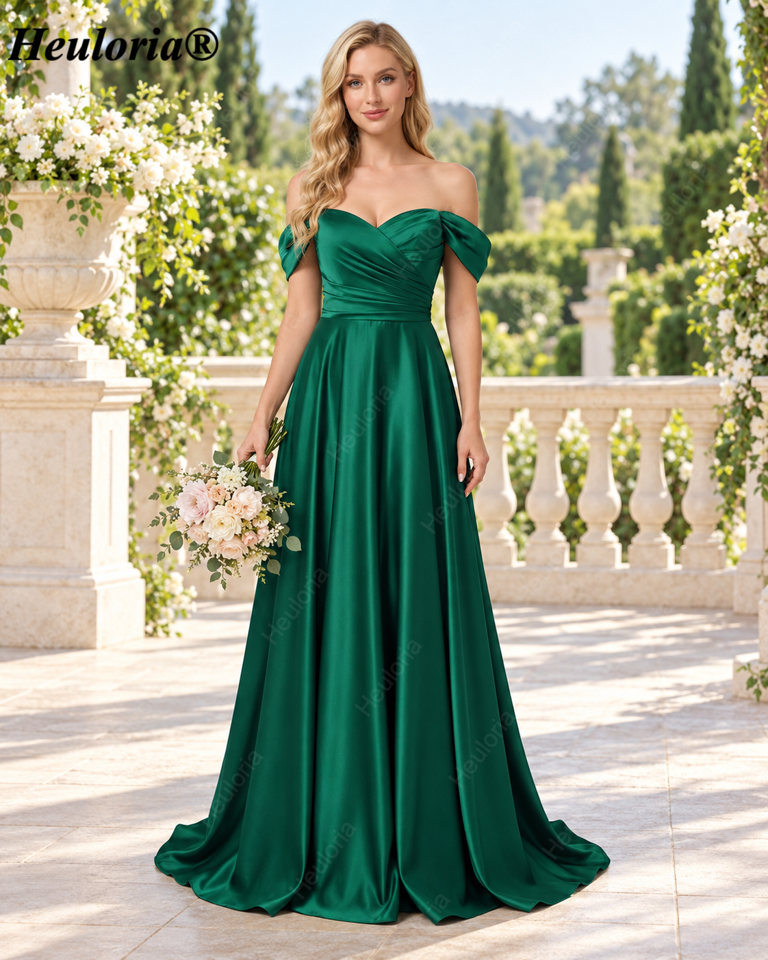 HEULORIA Emerald Green Off-the-Shoulder Ruched Satin A-Line Bridesmaid Dress – ED-232 Immagine principale del prodotto