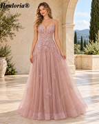 HEULORIA Spaghetti Strap Lace Applique A-Line Tulle Prom Dress ED-337