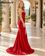 HEULORIA Red Strapless Beaded Lace Corset Satin Mermaid Evening Dress with High Slit ED-362