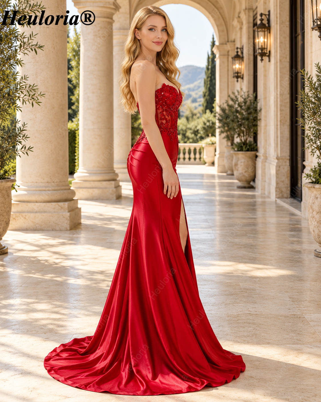 HEULORIA Red Strapless Beaded Lace Corset Satin Mermaid Evening Dress with High Slit ED-362
