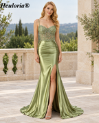 HEULORIA Sage Green Beaded Corset Satin Mermaid Prom Dress with High Slit and Lace-Up Back – ED-217