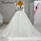 HEULORIA 3D Floral Applique A-Line Wedding Dress with Deep V-Neck and Glitter Tulle AL-1096
