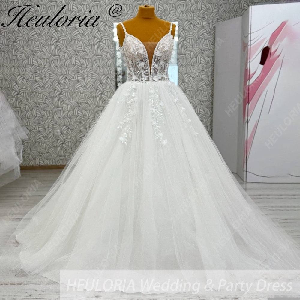 HEULORIA 3D Floral Applique A-Line Wedding Dress with Deep V-Neck and Glitter Tulle AL-1096