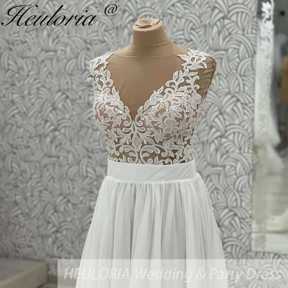 HEULORIA  elegant A line wedding dress Spaghetti Strap crepe lace chiffon bridal dress Robe De Mariee Wedding Bride Dress AL-994