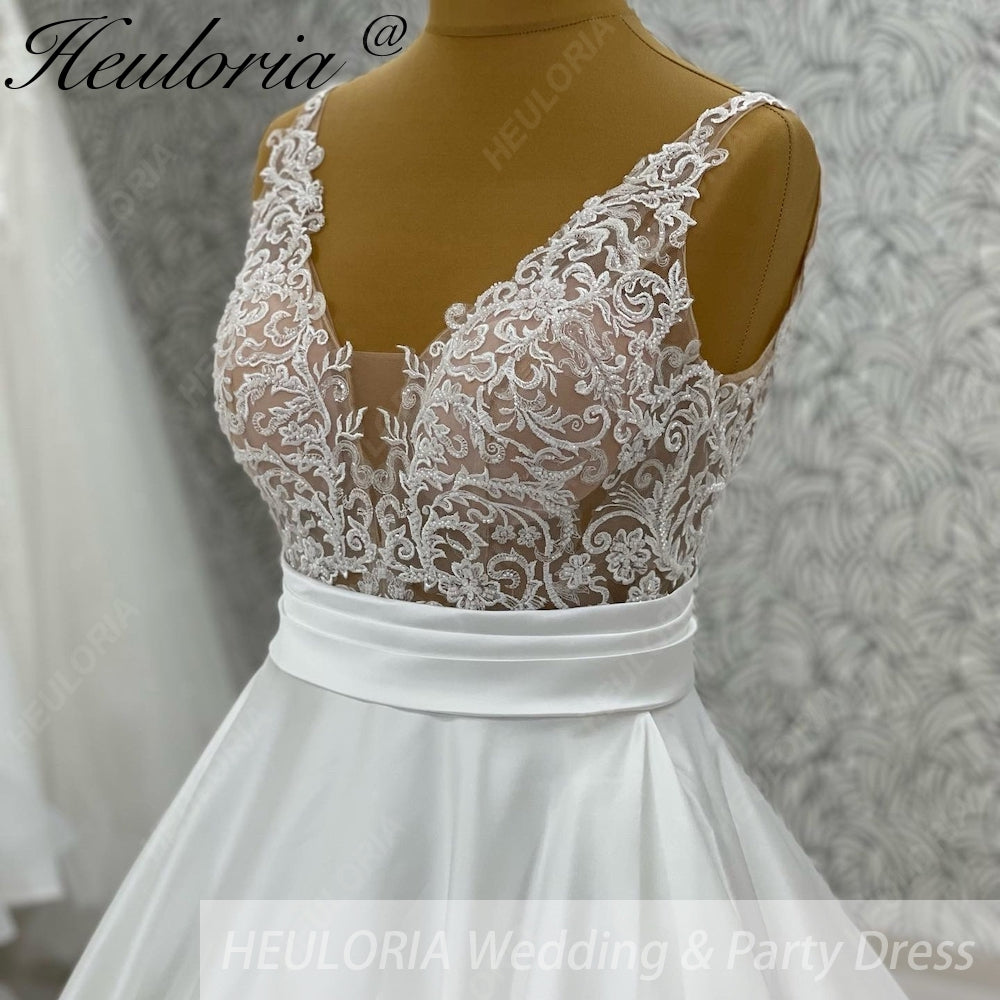 HEULORIA Exquisite Deep V-Neck Lace Applique Satin A-Line Wedding Dress with Cathedral Train AL-1030