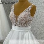 HEULORIA Exquisite Deep V-Neck Lace Applique Satin A-Line Wedding Dress with Cathedral Train AL-1030