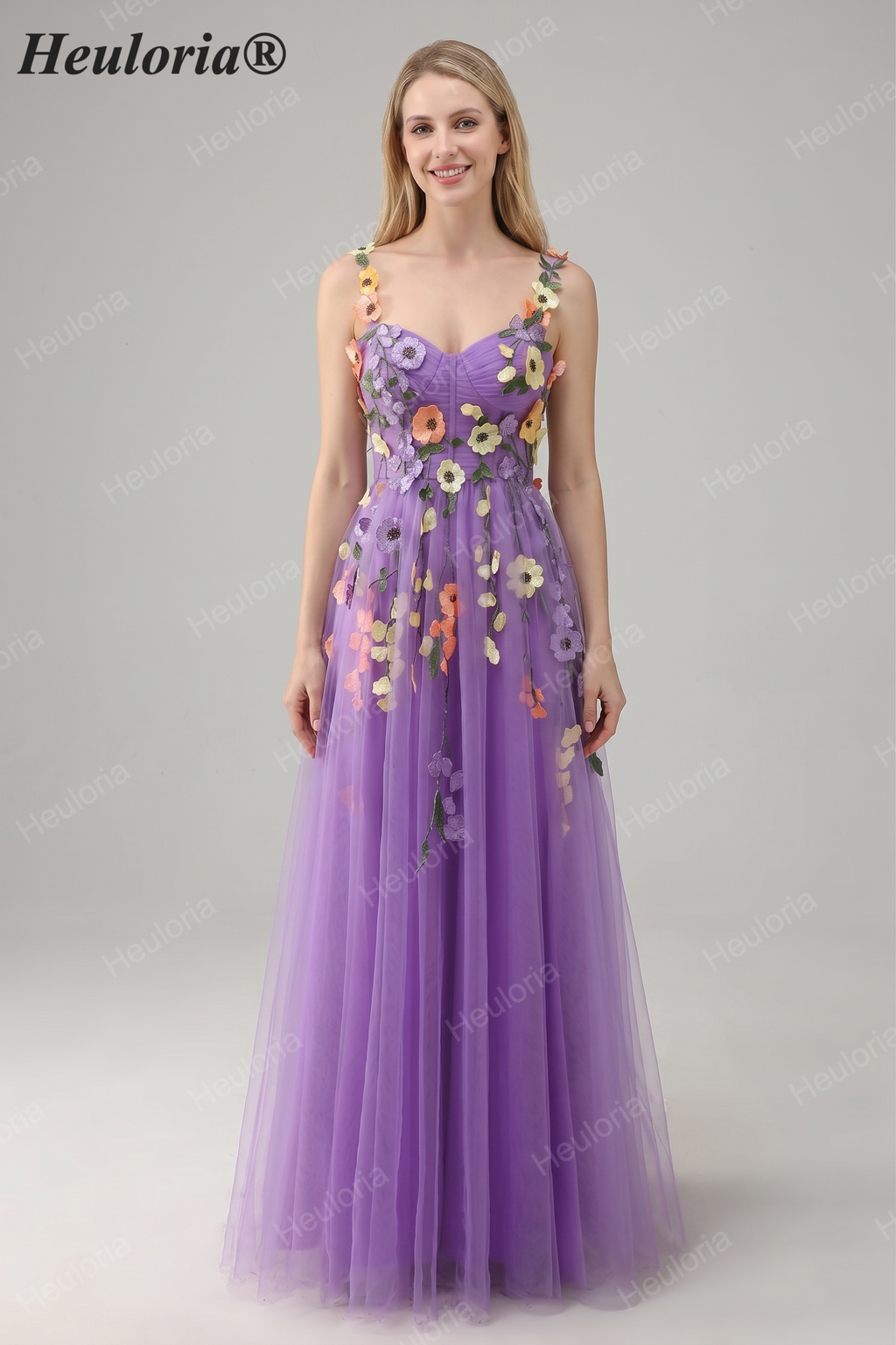 Heuloria Enchanted Garden 3D Floral Appliqué Tulle Prom Dress - Whimsical A-Line Formal Gown ED-585