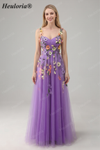 Heuloria Enchanted Garden 3D Floral Appliqué Tulle Prom Dress - Whimsical A-Line Formal Gown ED-585