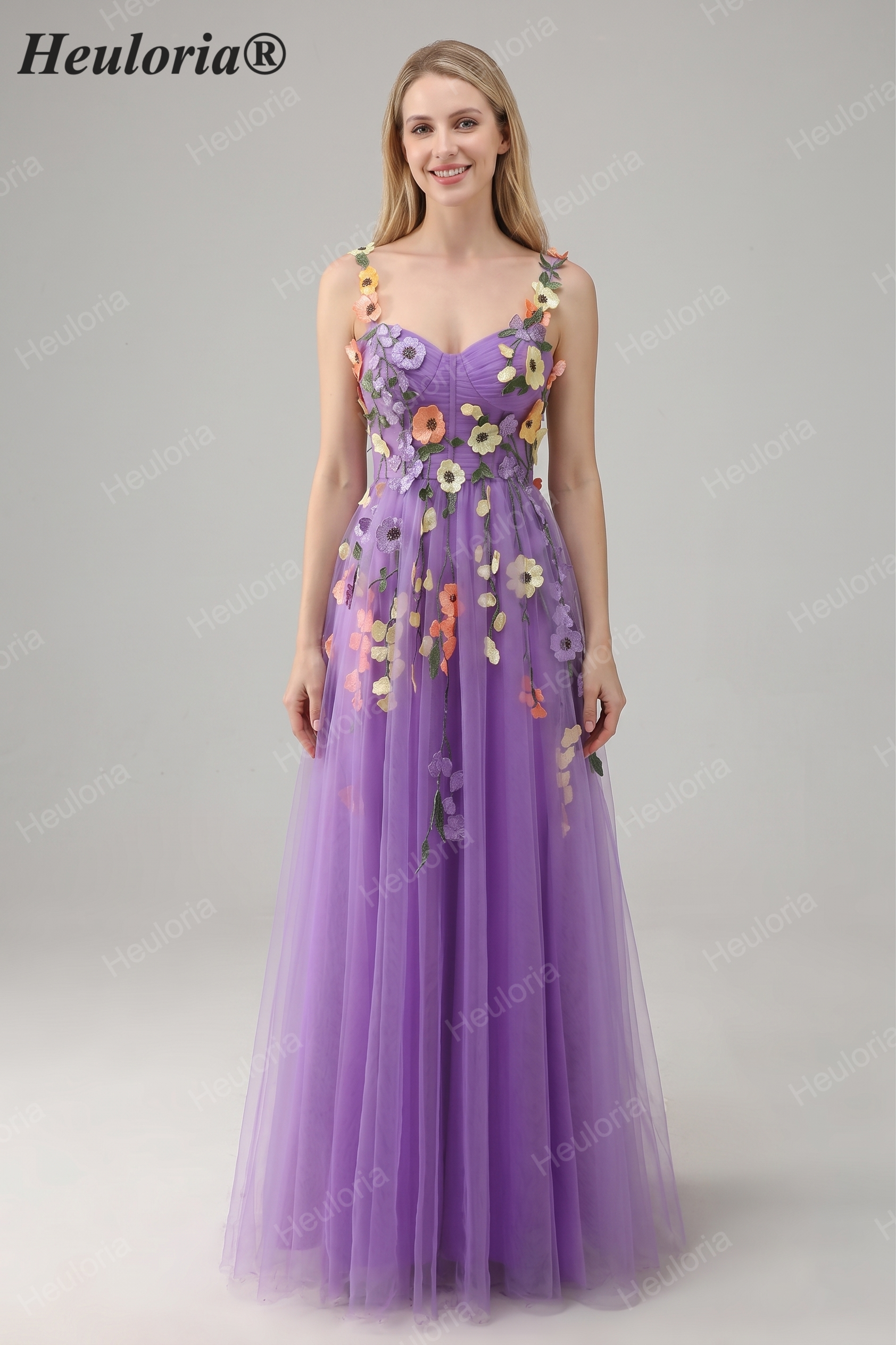 Heuloria Enchanted Garden 3D Floral Appliqué Tulle Prom Dress - Whimsical A-Line Formal Gown ED-585
