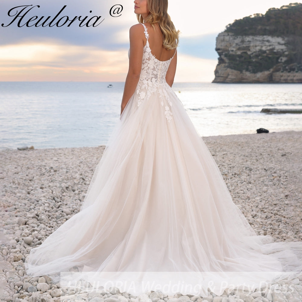HEULORIA Boho Beach Wedding Dresses Spaghetti Straps A Line lace bridal dress plug v neck customize AL-906