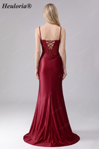HEULORIA Elegant Burgundy Satin Mermaid Evening Dress with Beaded Corset Bodice and Lace-Up Back ED-578