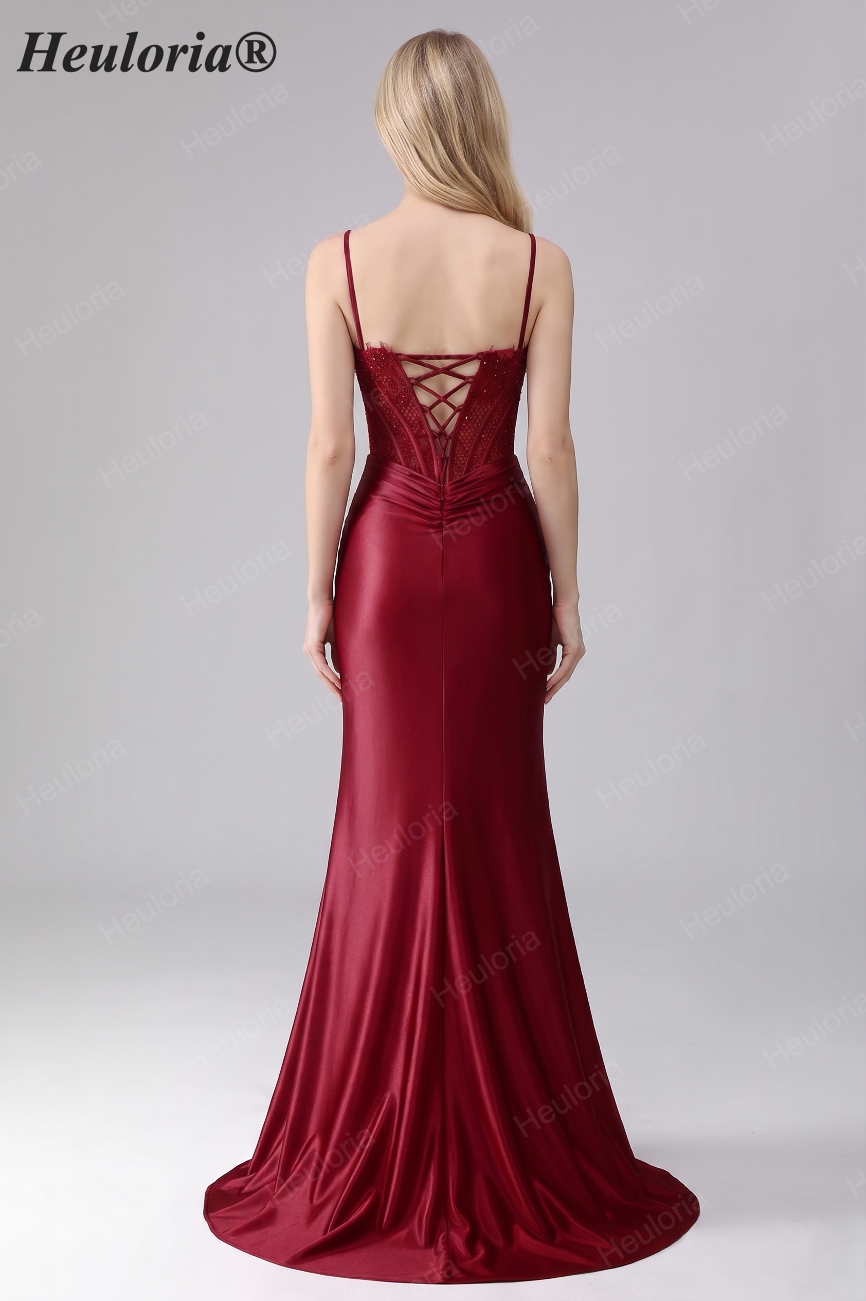 HEULORIA Elegant Burgundy Satin Mermaid Evening Dress with Beaded Corset Bodice and Lace-Up Back ED-578