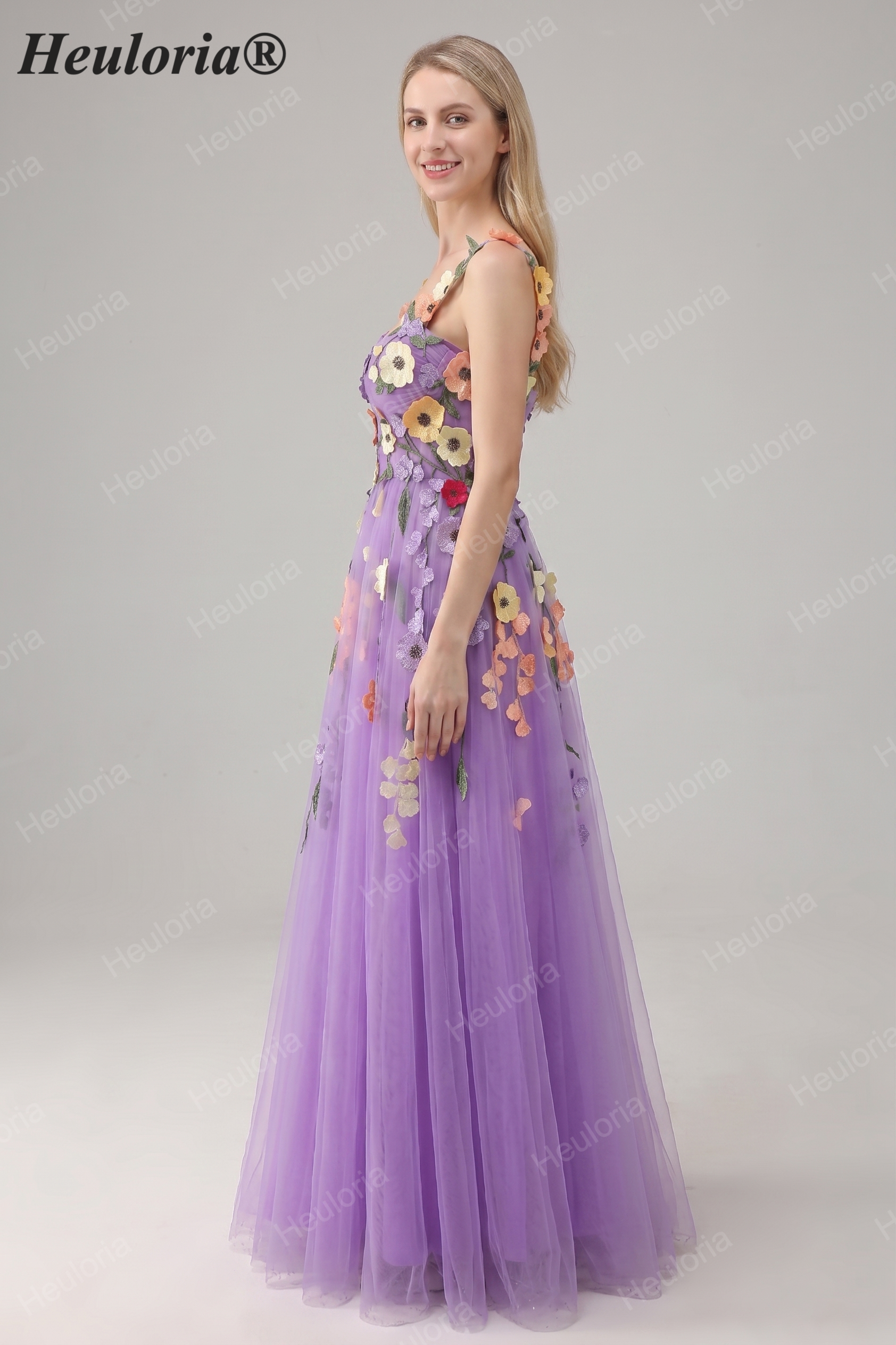 Heuloria Enchanted Garden 3D Floral Appliqué Tulle Prom Dress - Whimsical A-Line Formal Gown ED-585