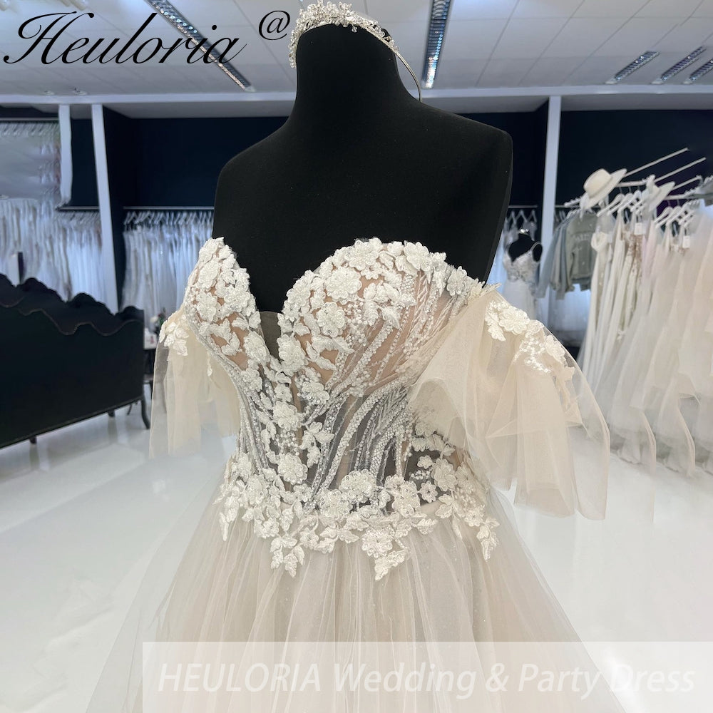 HEULORIA elegant 3d floral lace Wedding Dress Off Shoulder Vintage Wedding Gowns vestido novia sencillo AL-934