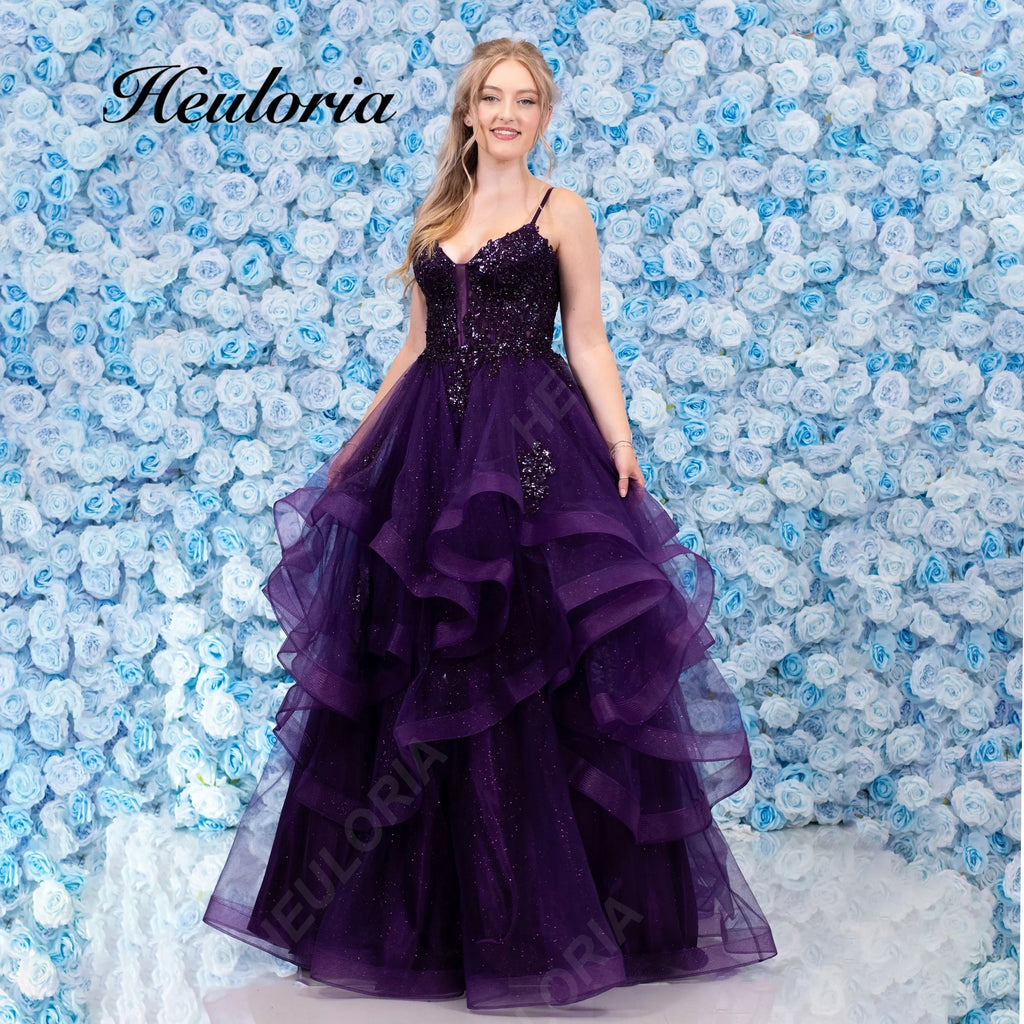 HEULORIA Sparkling Glitter Tiered Tulle Prom Dress - Plunging V-Neck & Lace-Up Corset Back ED-409
