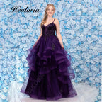 HEULORIA Sparkling Glitter Tiered Tulle Prom Dress - Plunging V-Neck & Lace-Up Corset Back ED-409