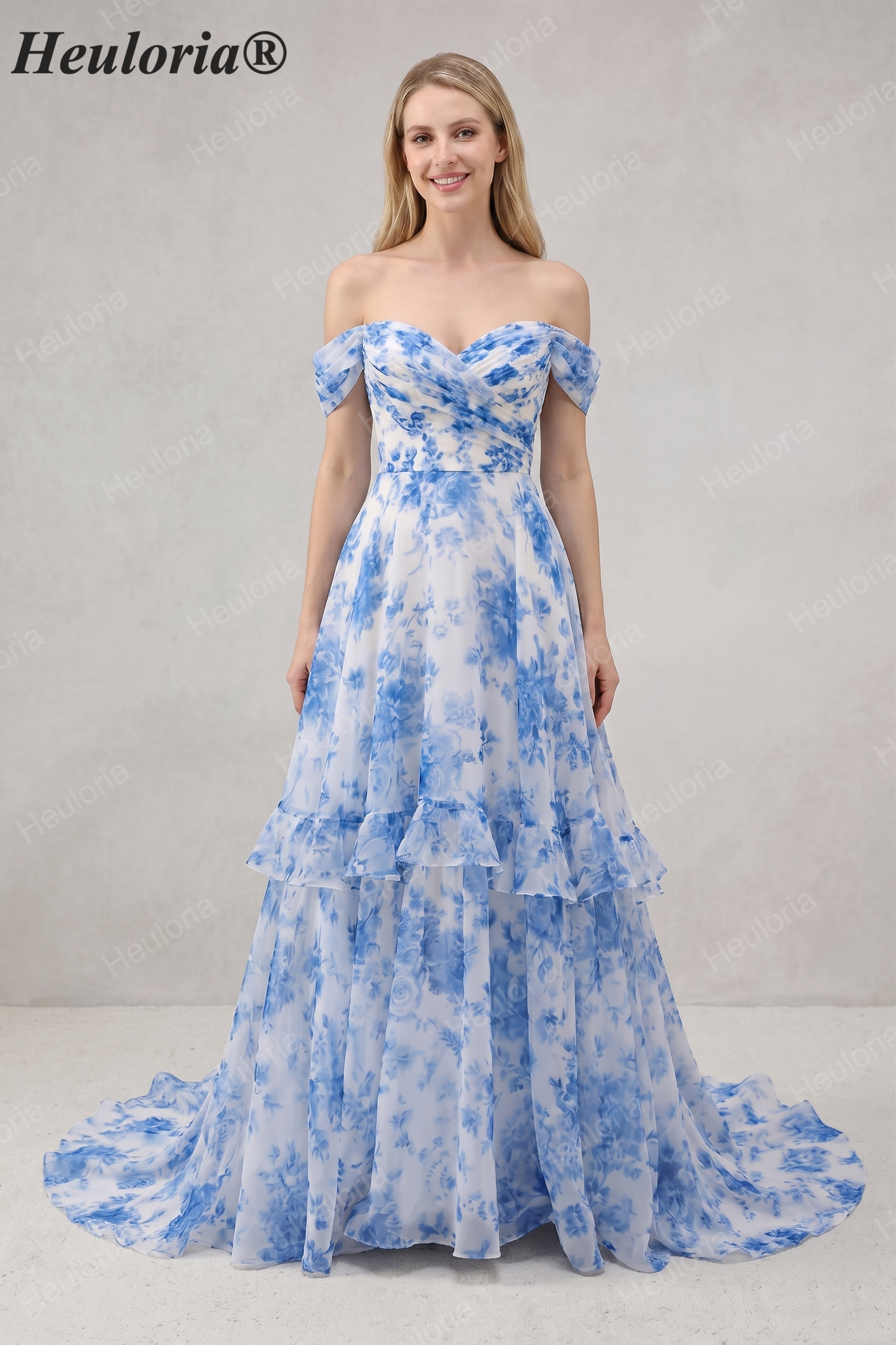 Heuloria Romantic Blue Floral Tiered Chiffon A-Line Evening Gown - Off-the-Shoulder Sweetheart Prom Dress ED-567 Imagen principal del producto