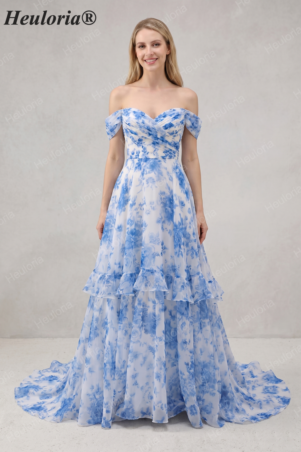 HEULORIA Blue Floral Chiffon Off-the-Shoulder A-Line Prom Dress with Tiered Skirt ED-567