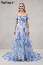 HEULORIA Blue Floral Chiffon Off-the-Shoulder A-Line Prom Dress with Tiered Skirt ED-567