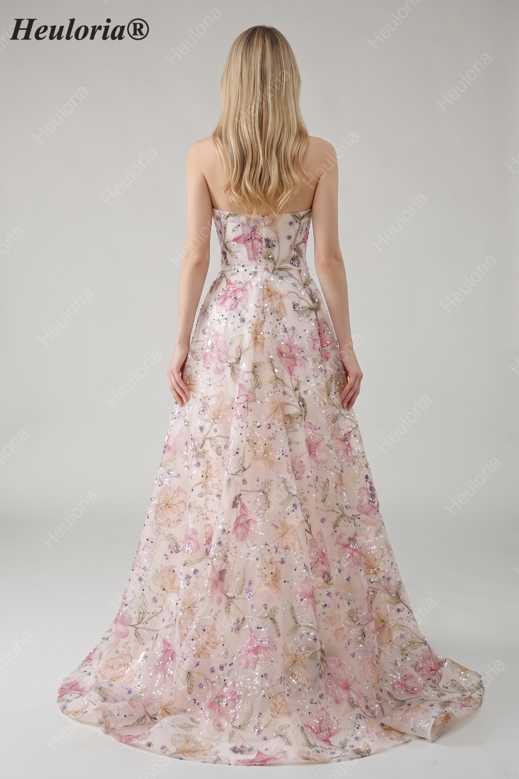 HEULORIA Enchanting Strapless Floral Embroidery Sequined A-Line Evening Gown - Romantic Prom & Wedding Guest Dress ED-643