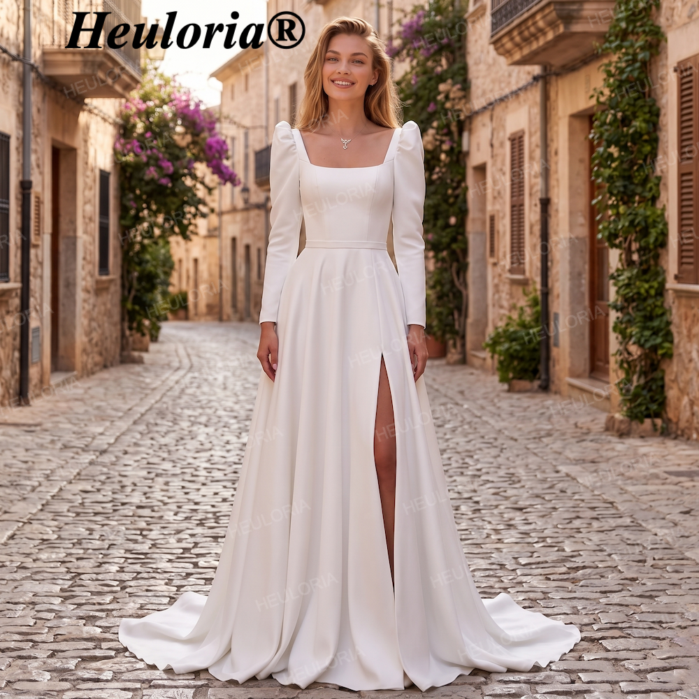 HEULORIA Elegant Square Neck Long Puff Sleeve High Slit Minimalist Wedding Dress AL-206