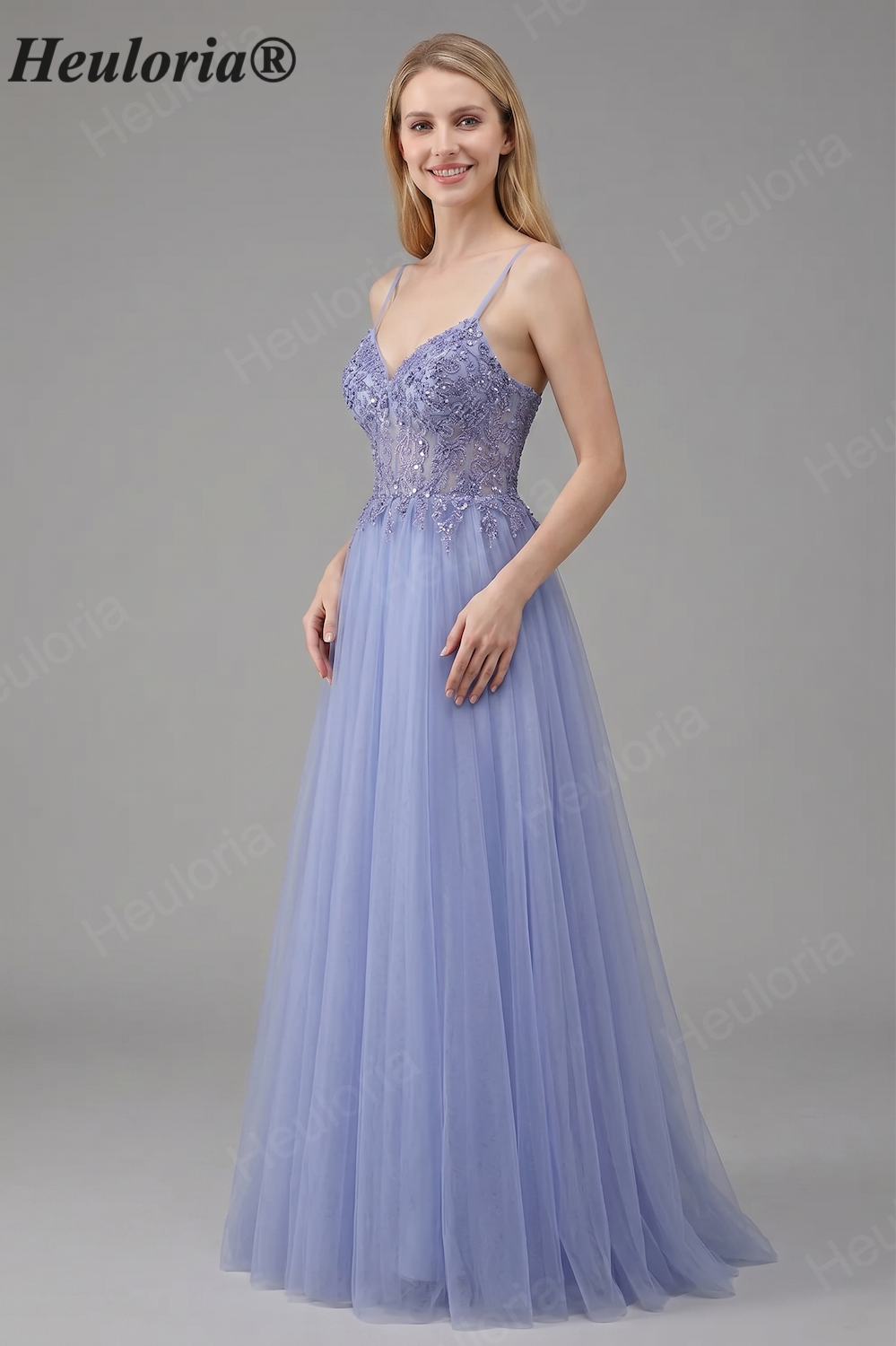 Heuloria Ethereal Beaded Lace Tulle A-Line Prom Dress with Spaghetti Straps and Illusion Bodice ED-503