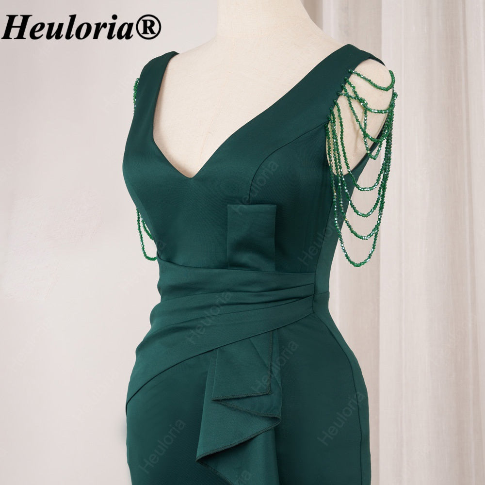 heuloria-Emerald Green V-Neck Evening Dress with Beaded Shoulders and Ruffles-ed-86