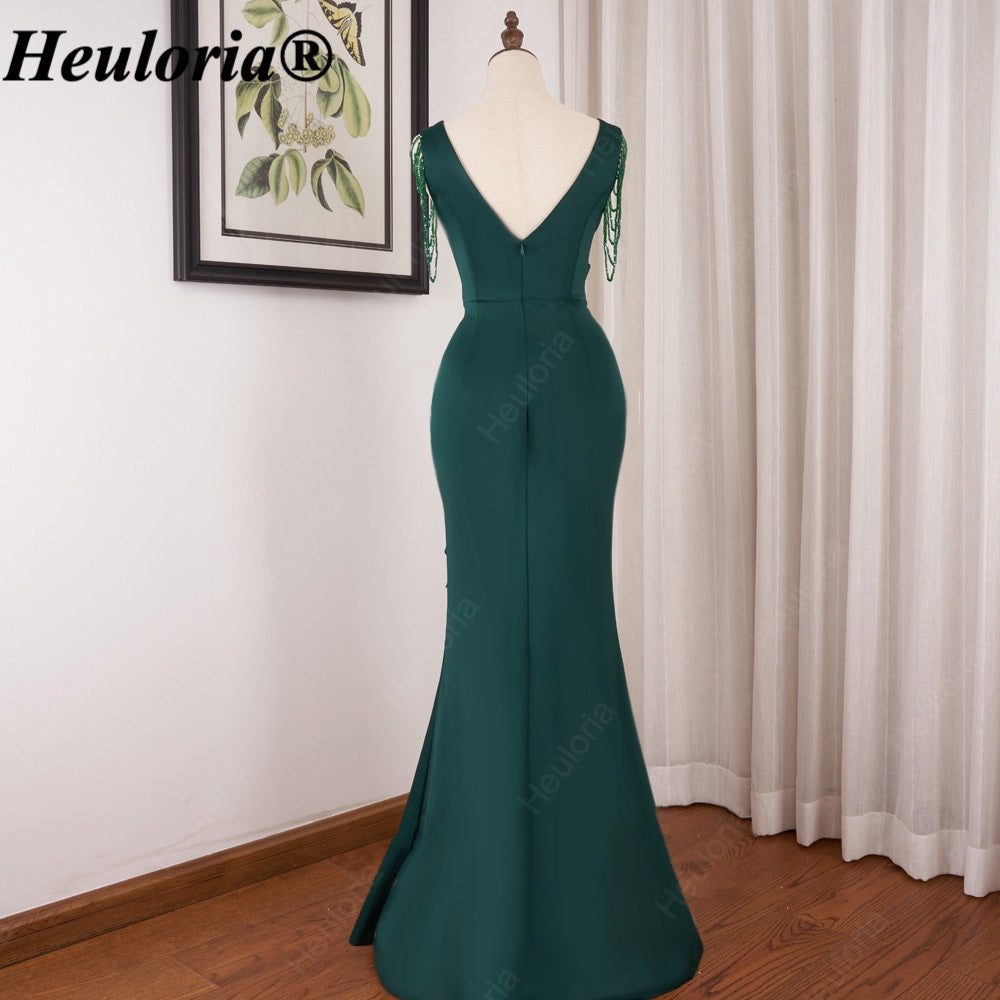 heuloria-Emerald Green V-Neck Evening Dress with Beaded Shoulders and Ruffles-ed-86