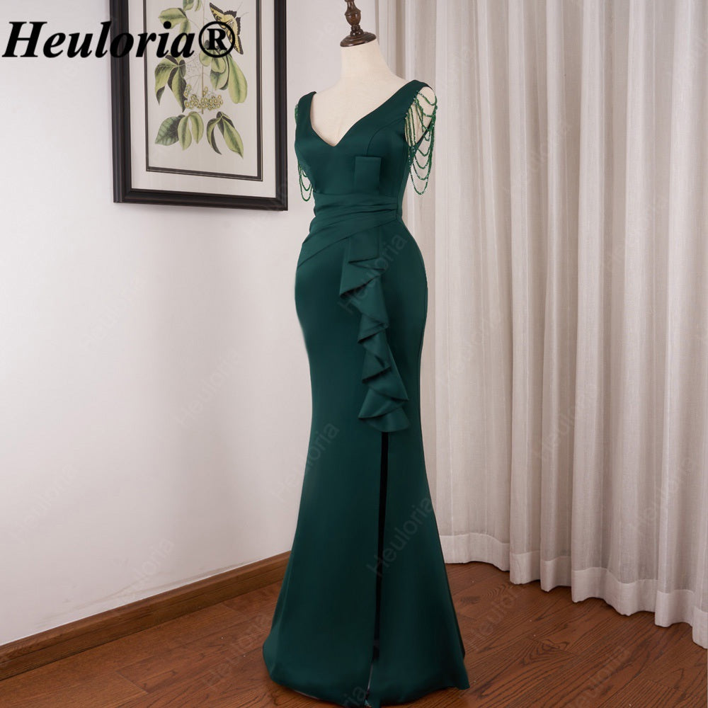 heuloria-Emerald Green V-Neck Evening Dress with Beaded Shoulders and Ruffles-ed-86