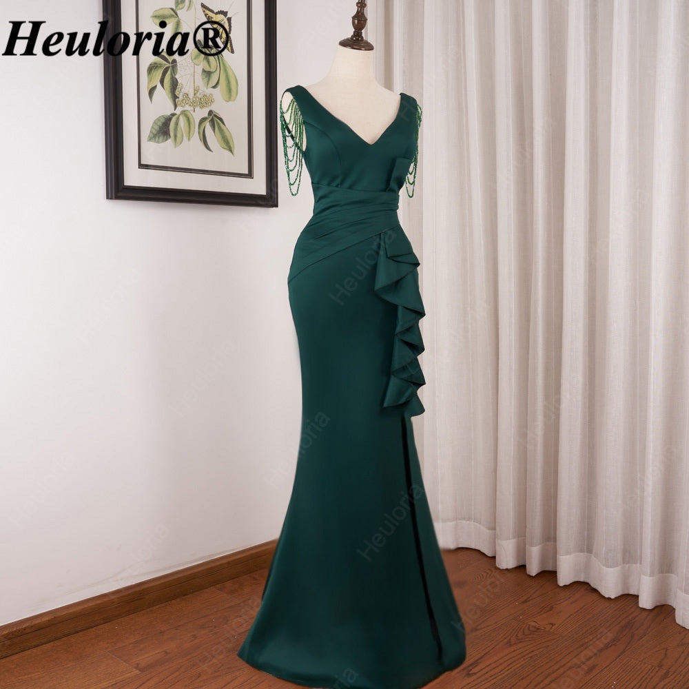heuloria-Emerald Green V-Neck Evening Dress with Beaded Shoulders and Ruffles-ed-86