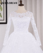 HEULORIA Lace Beaded Long Sleeve Ball Gown Wedding Dress with O-Neck BA-545
