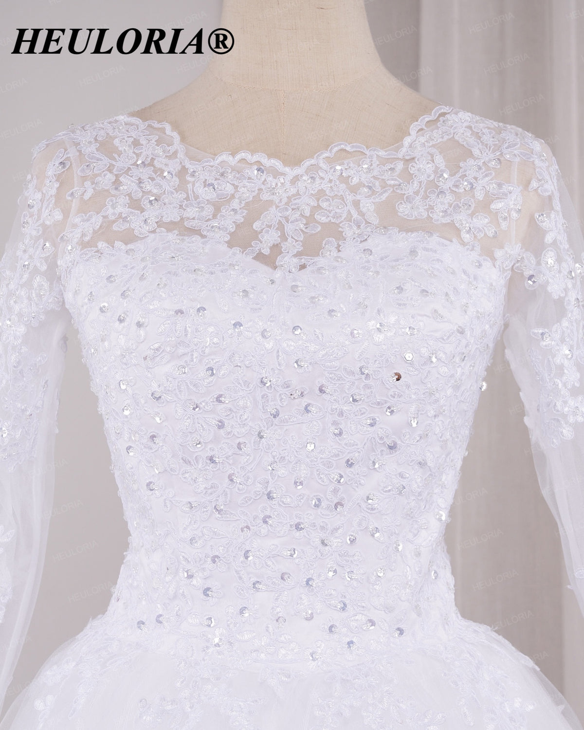 HEULORIA Lace Beaded Long Sleeve Ball Gown Wedding Dress with O-Neck BA-545