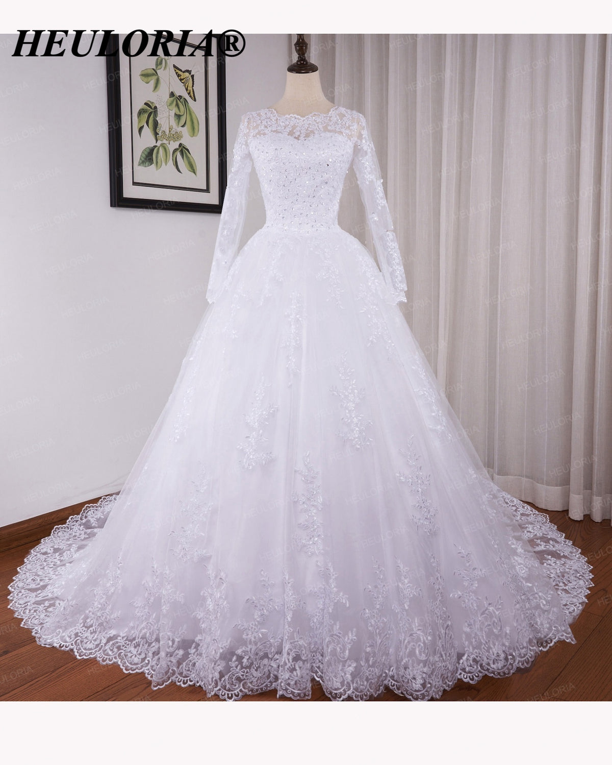 HEULORIA Lace Beaded Long Sleeve Ball Gown Wedding Dress with O-Neck BA-545