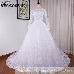 HEULORIA Princess Ball Gown Wedding Dress long sleeve bride dress O neck plus size robe de mariee Lace beading Bridal Gown BA-545