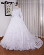 HEULORIA Lace Beaded Long Sleeve Ball Gown Wedding Dress with O-Neck BA-545