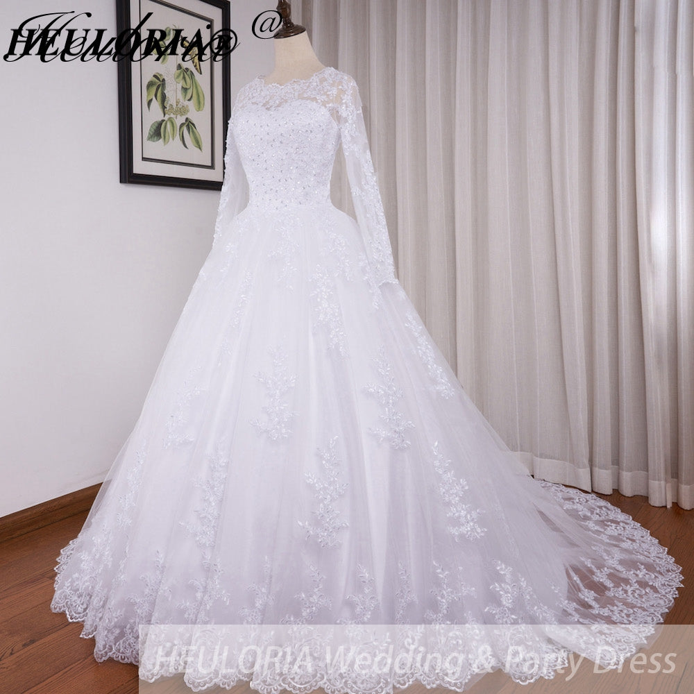 HEULORIA Princess Ball Gown Wedding Dress long sleeve bride dress O neck plus size robe de mariee Lace beading Bridal Gown BA-545