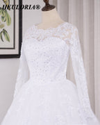 HEULORIA Lace Beaded Long Sleeve Ball Gown Wedding Dress with O-Neck BA-545