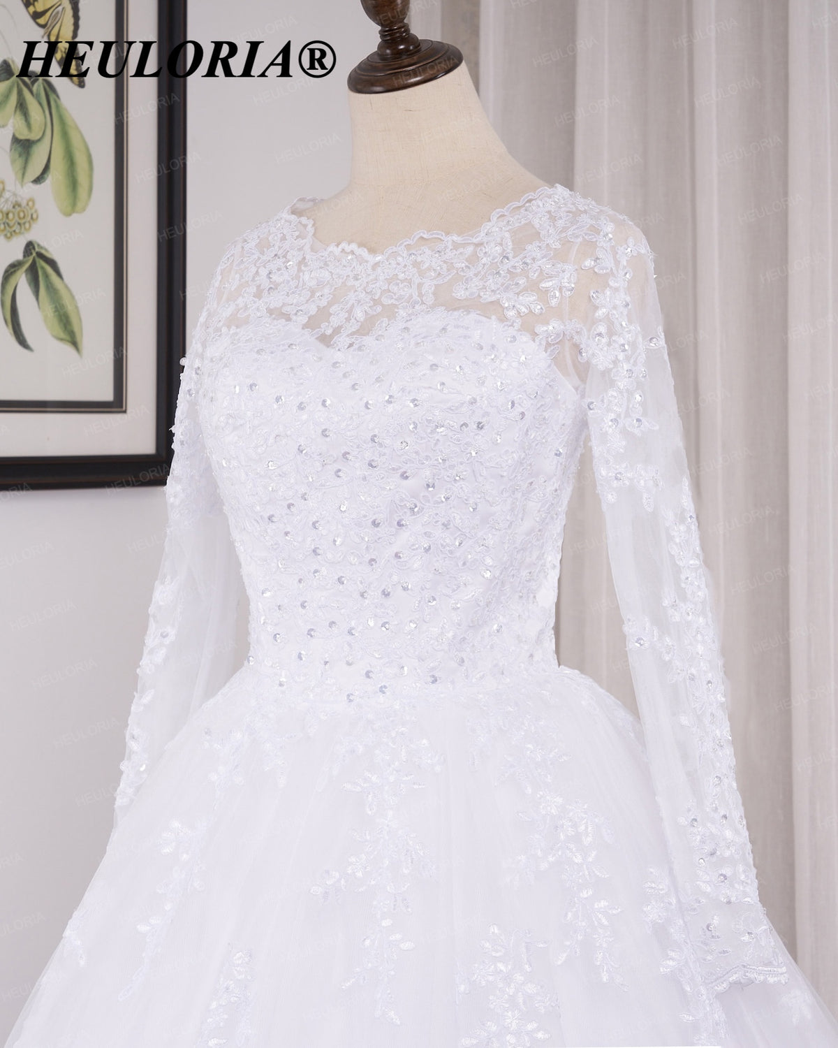 HEULORIA Lace Beaded Long Sleeve Ball Gown Wedding Dress with O-Neck BA-545