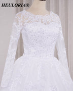 HEULORIA Lace Beaded Long Sleeve Ball Gown Wedding Dress with O-Neck BA-545