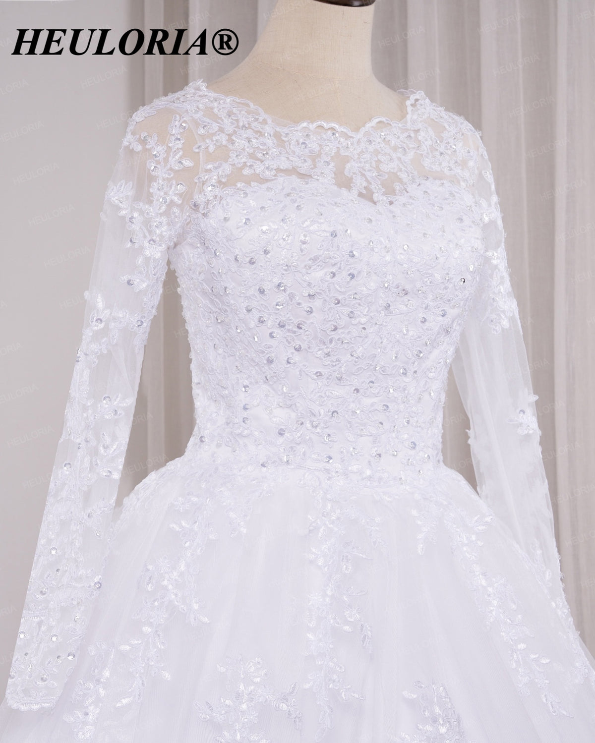 HEULORIA Lace Beaded Long Sleeve Ball Gown Wedding Dress with O-Neck BA-545