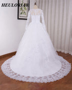 HEULORIA Lace Beaded Long Sleeve Ball Gown Wedding Dress with O-Neck BA-545
