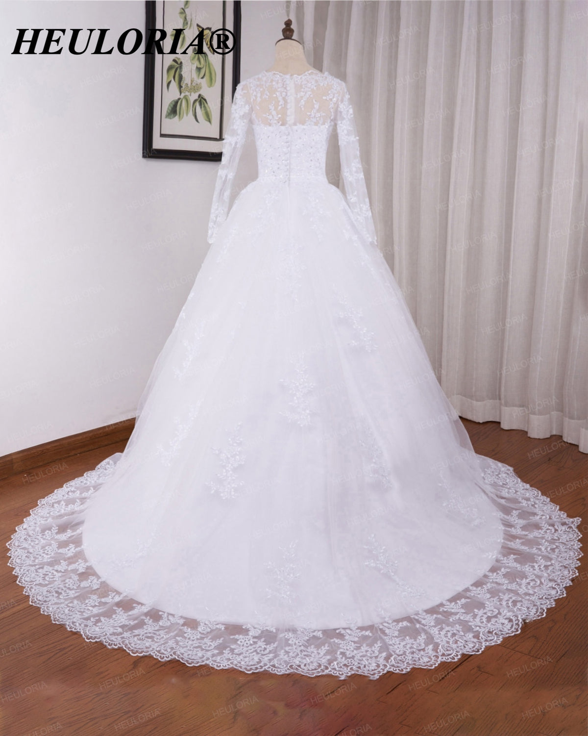 HEULORIA Lace Beaded Long Sleeve Ball Gown Wedding Dress with O-Neck BA-545