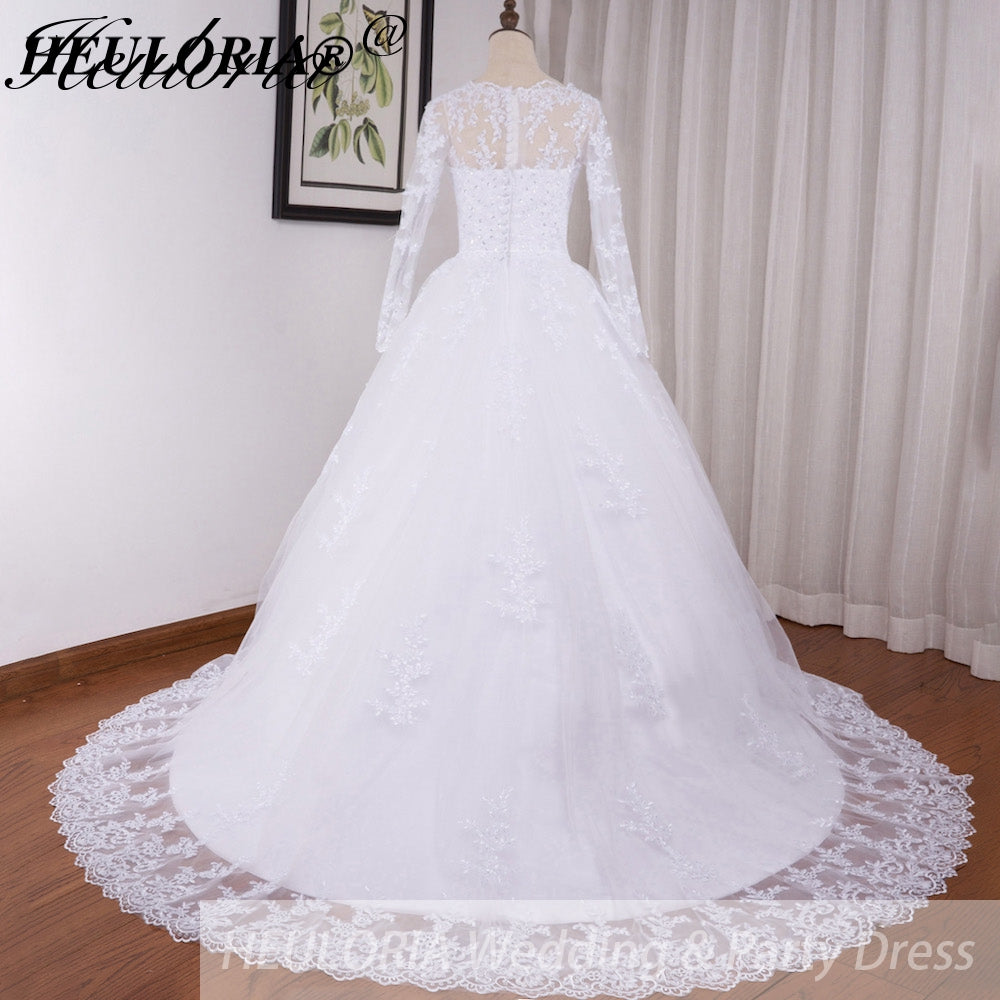 HEULORIA Princess Ball Gown Wedding Dress long sleeve bride dress O neck plus size robe de mariee Lace beading Bridal Gown BA-545
