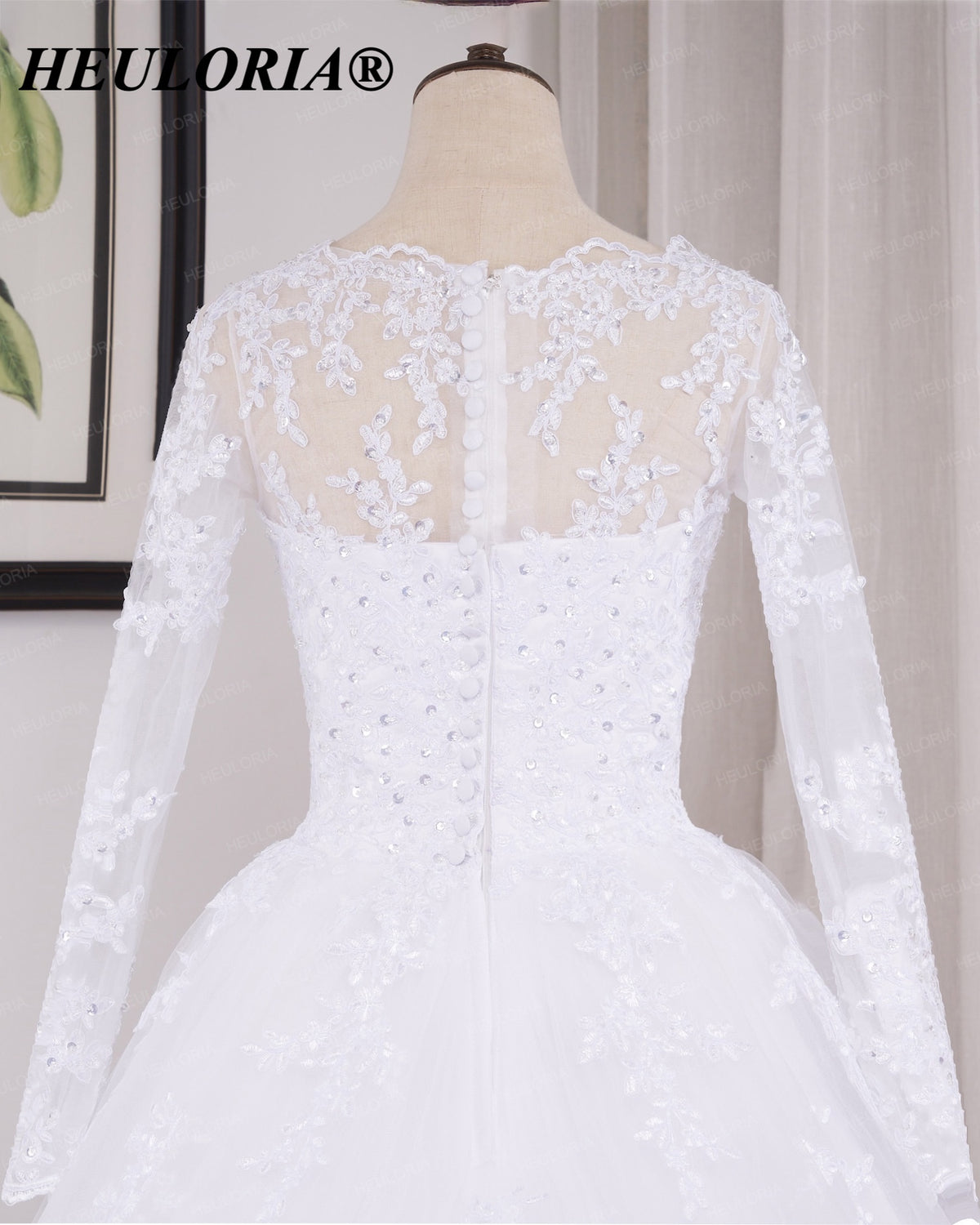 HEULORIA Lace Beaded Long Sleeve Ball Gown Wedding Dress with O-Neck BA-545