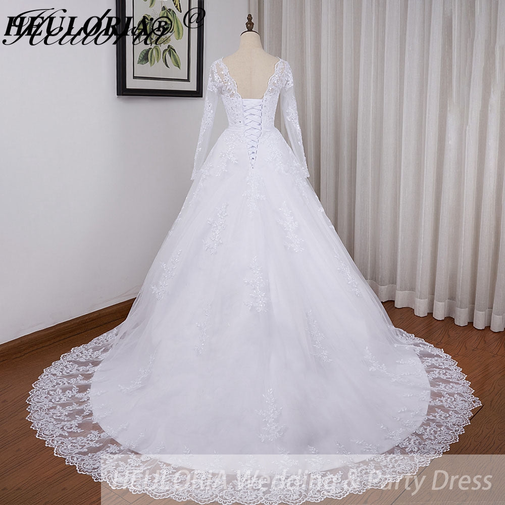 HEULORIA princess Wedding Dress long sleeve round neck bride dress lace beading lace up Plus size wedding gown  BA-BL