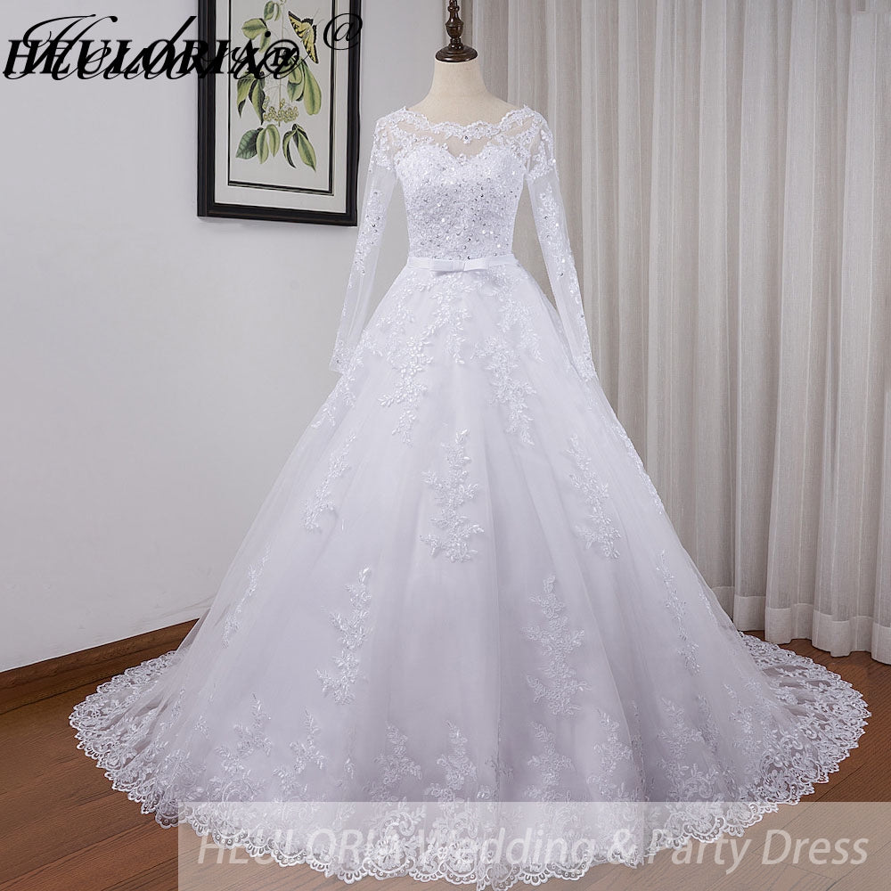 HEULORIA princess Wedding Dress long sleeve round neck bride dress lace beading lace up Plus size wedding gown  BA-BL