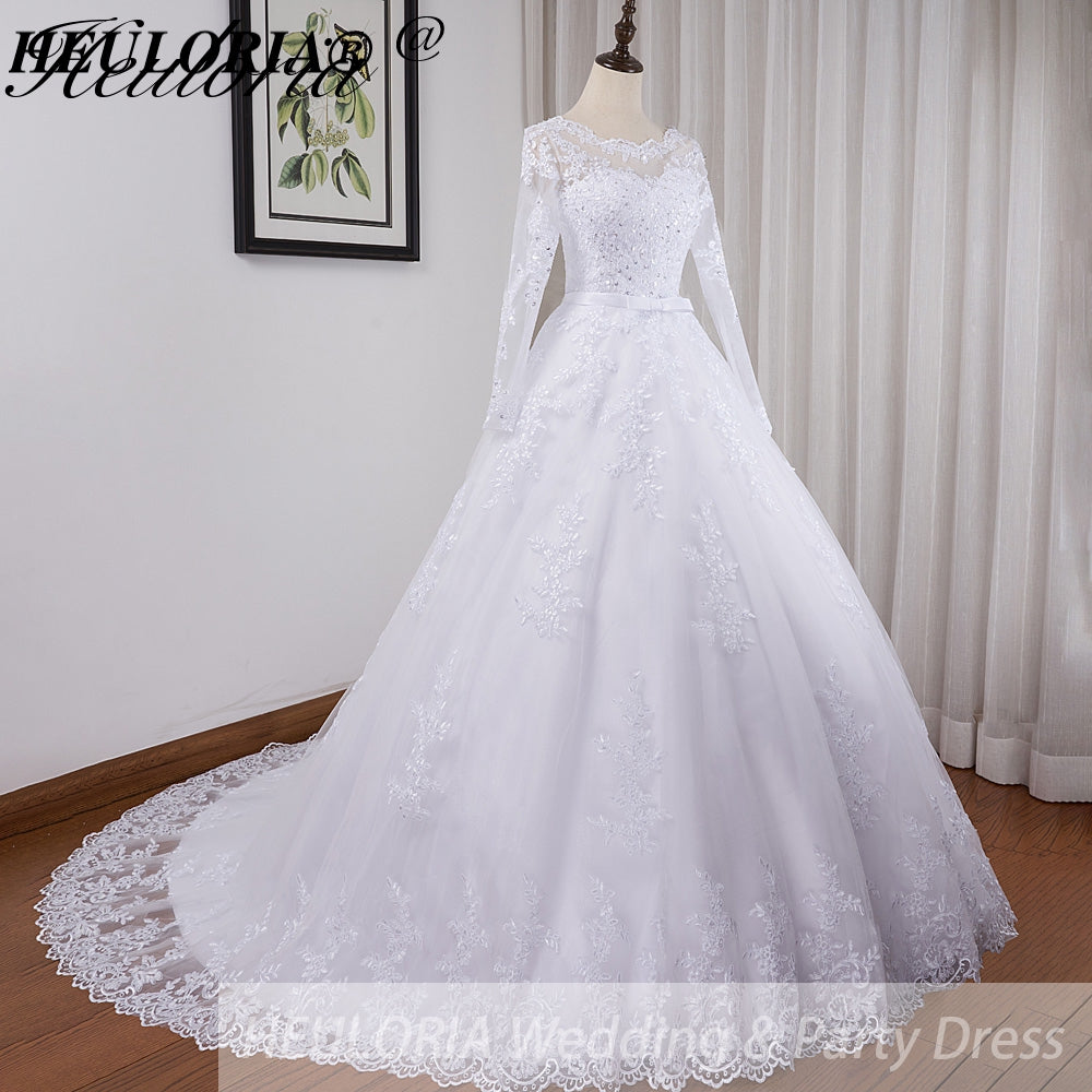 HEULORIA princess Wedding Dress long sleeve round neck bride dress lace beading lace up Plus size wedding gown  BA-BL