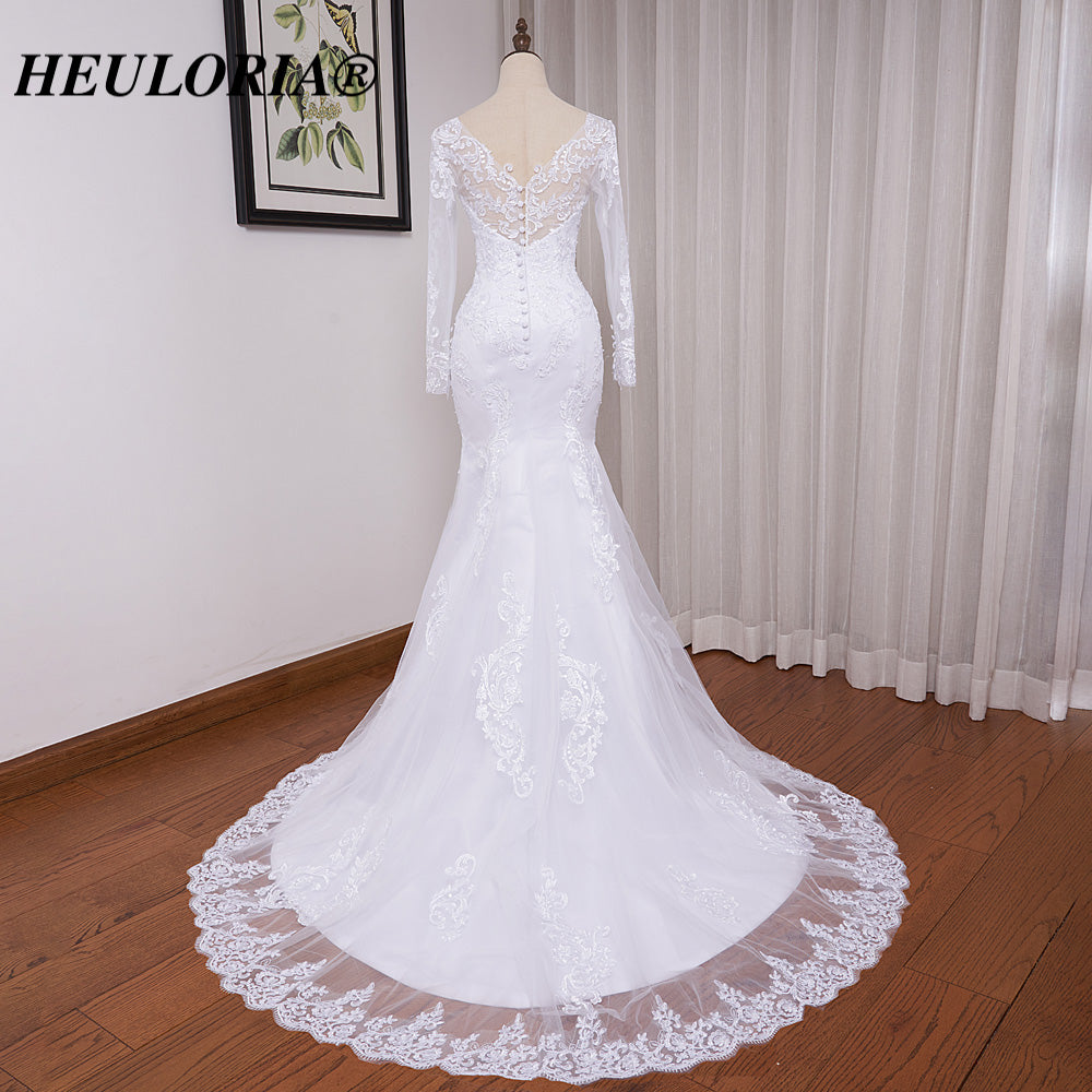 HEULORIA Elegant Long Sleeve Mermaid Lace Wedding Dress with Scalloped Neckline and Illusion Button Back ME-628