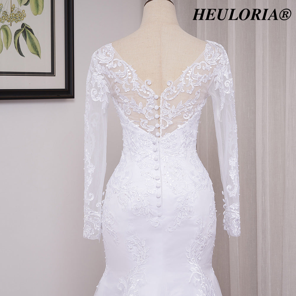 HEULORIA Elegant Long Sleeve Mermaid Lace Wedding Dress with Scalloped Neckline and Illusion Button Back ME-628