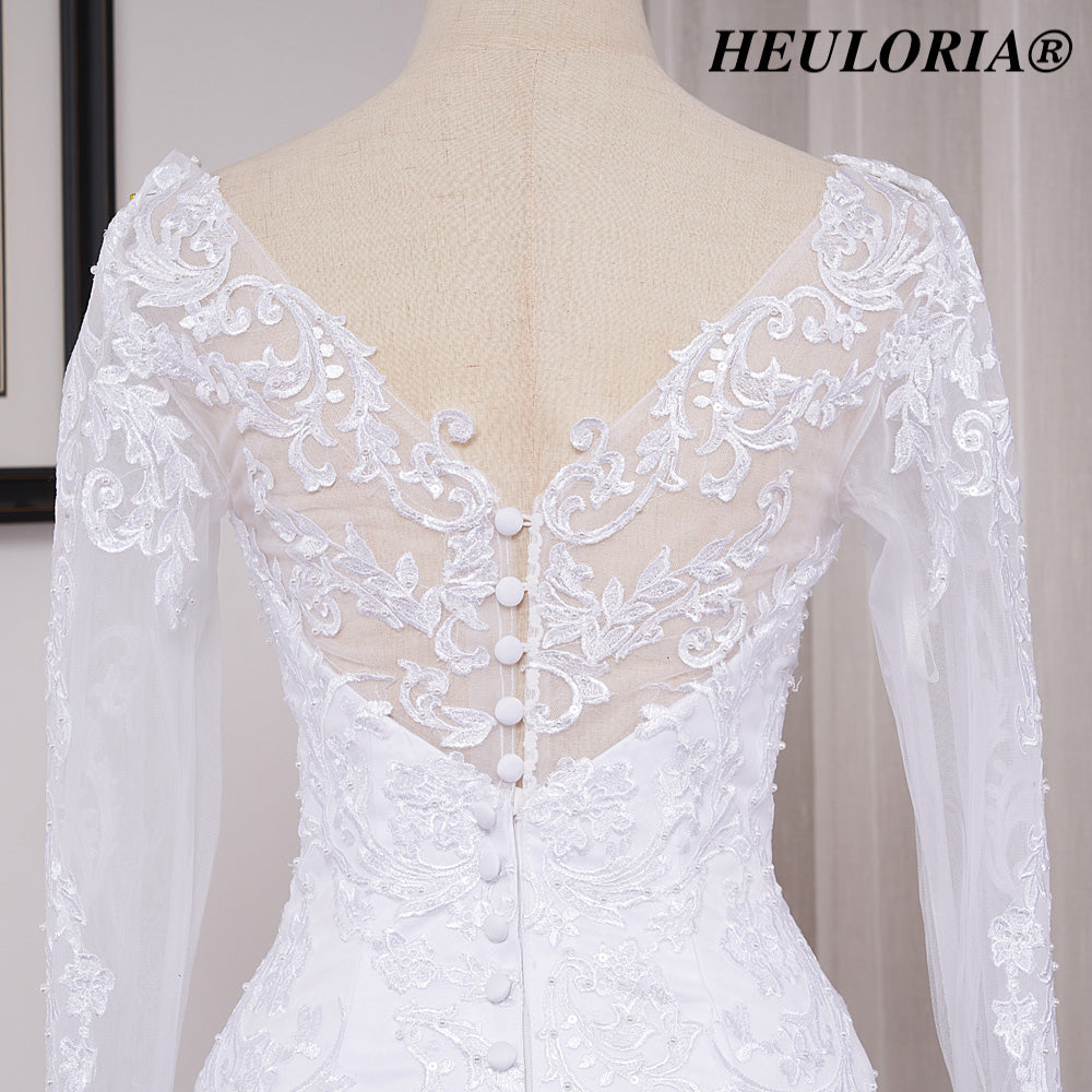 HEULORIA Elegant Long Sleeve Mermaid Lace Wedding Dress with Scalloped Neckline and Illusion Button Back ME-628